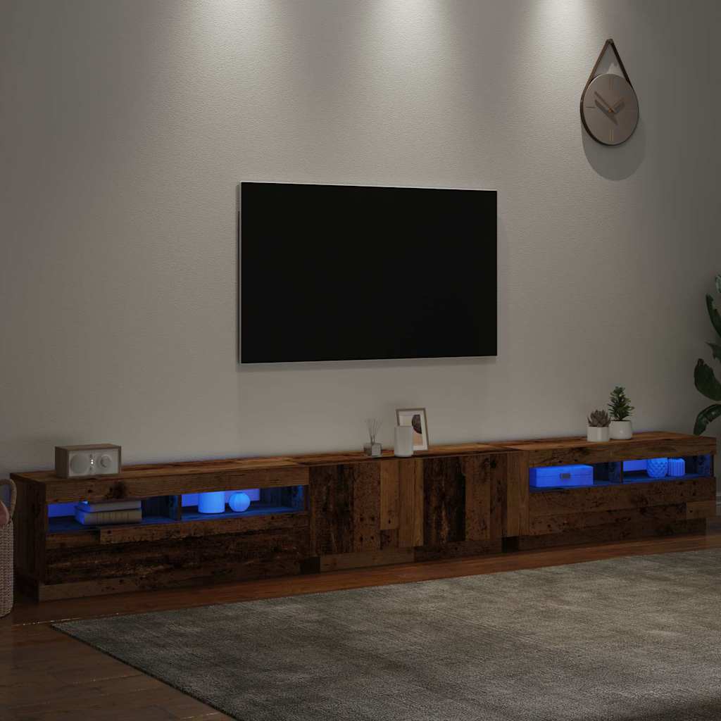 TV-bänk med LED-lampor åldrat trä 300x35x40 cm konstruerat trä