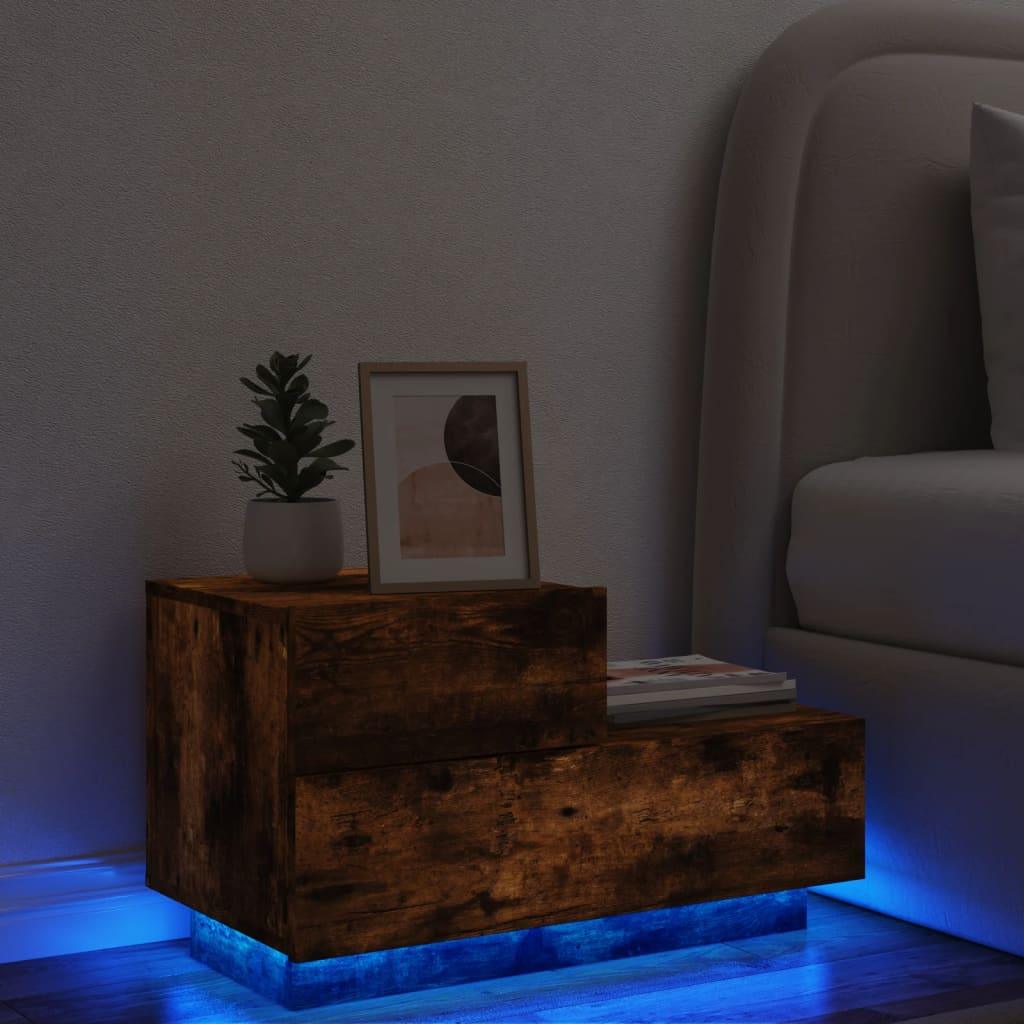 Sängbord med LED-lampor rökfärgad ek 70x36x40,5 cm - HQ5